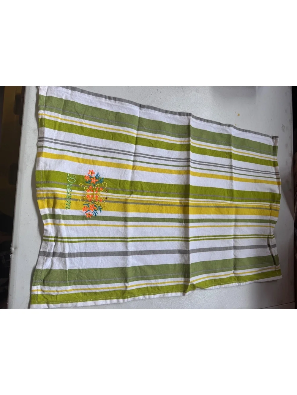Set of 2 Embroidered Dream Kitchen Towels Green Yellow Gray Striped Floral 17x25
